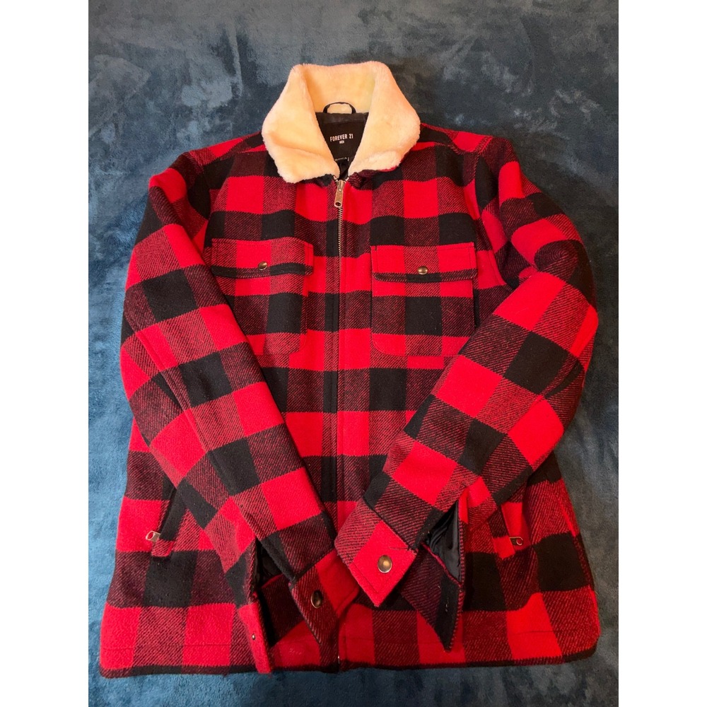Forever 21 Men Red Black Buffalo Plaid Faux Shearling Collar Zip Jacket Large